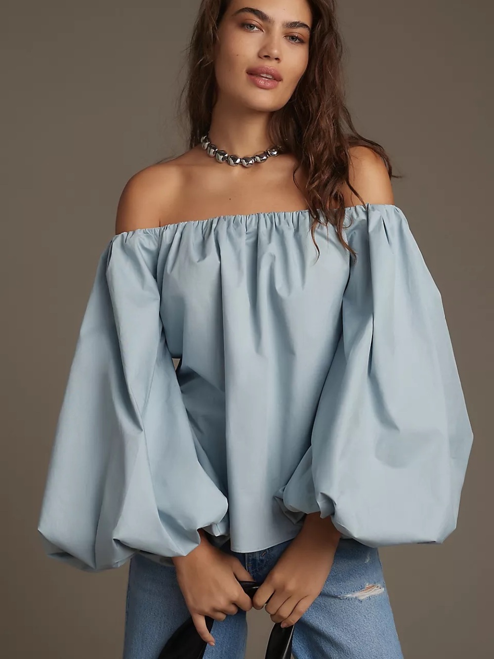 Off-Shoulder Pale Blue Balloon Sleeve Blouse